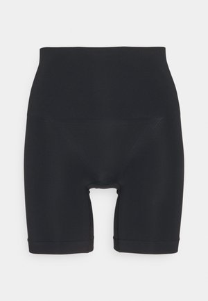 Black high-waisted shorts with a smooth, stretchy fabric and a seamless design. Features mid-thigh length and a narrow waistband.