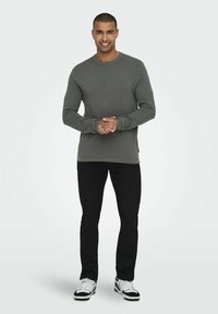 Grijze lange mouwen trui met ronde hals en een textuurgebreide structuur, gecombineerd met zwarte broek en witte sneakers, staande figuur met handen samengevouwen.