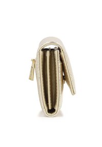 Metalni zlatni portfelj z zadrgo, ki ima več prostora za kartice in gladko teksturo. Stranska zadrga za dodatno shranjevanje.