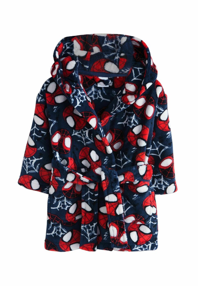 Lasten kylpytakki, pehmeää fleece-materiaalia; tummansininen tausta punaisella Spider-Man -kuvioinnilla, valkoiset hämähäkinseitit ja kontrastiväri vyö. Huppu.