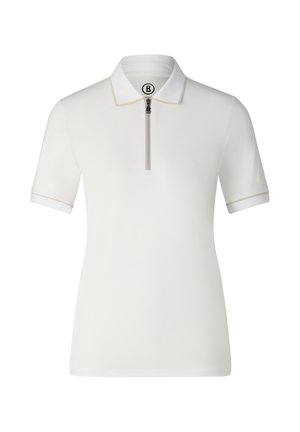 Weißes kurzärmliges Poloshirt mit einem Viertel-Reißverschluss, spitzem Kragen und dezenter beiger Einfassung an Ärmeln und Kragen.