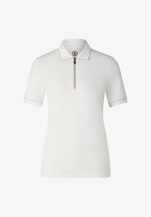 Witte polo met korte mouwen, een kwartrits, een puntige kraag en subtiele beige accenten aan de mouwen en kraag.
