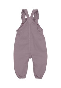 Lila overall i mjukt tyg med volangaxlar, elastiska muddar och knäppning baktill för enkel påklädning.