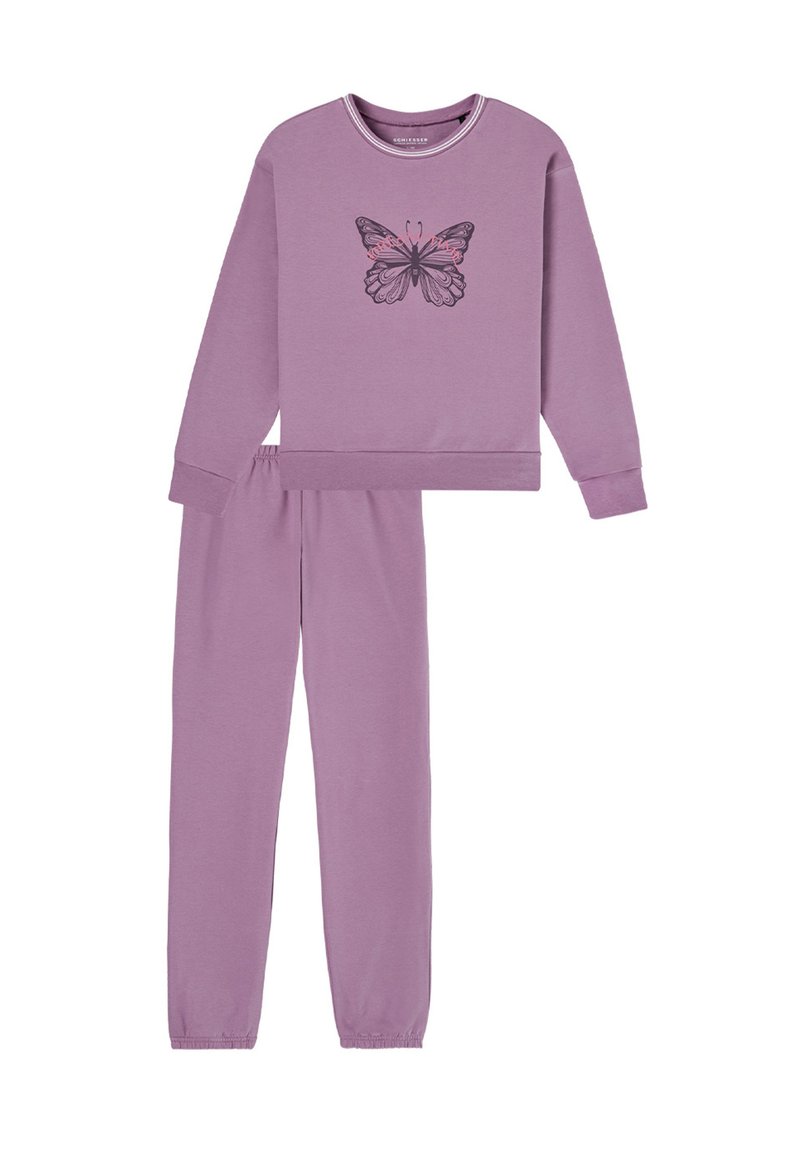 Lila Sweatshirt- und Hosen-Set aus weichem Stoff, mit einem Schmetterlingsgrafik in Schwarz und Pink auf der Vorderseite. Elastischer Bund.