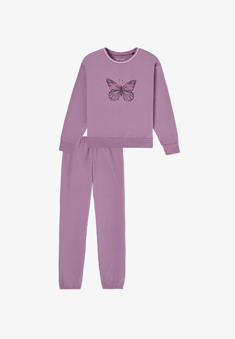 Lila Sweatshirt- und Hosen-Set aus weichem Stoff, mit einem Schmetterlingsgrafik in Schwarz und Pink auf der Vorderseite. Elastischer Bund.