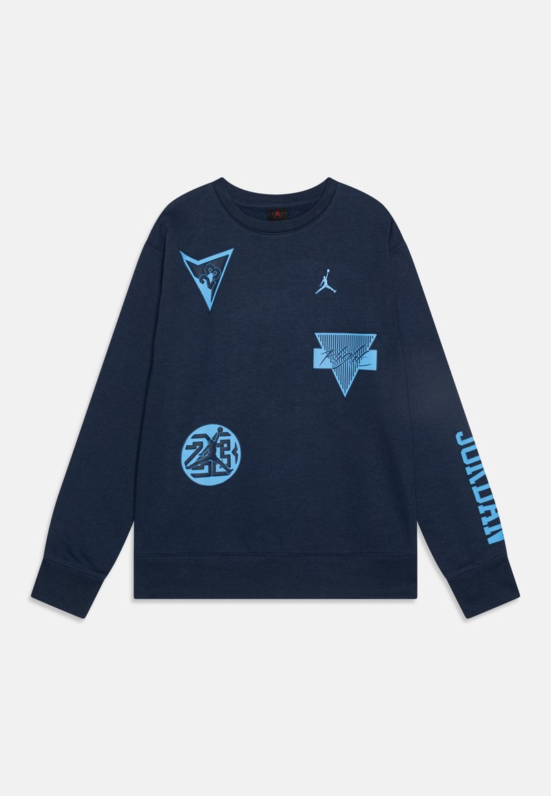 Felpa blu navy con vari design grafici blu, incluso il logo Jumpman e forme geometriche, con polsini e orlo a costine.