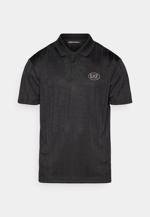 Black polo shirt with a textured pattern, featuring a classic collar and a small EA7 logo in gold on the chest. Short sleeves.