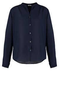 Blusa blu navy realizzata in un morbido tessuto trasparente. Presenta un collo a V, una parte anteriore con bottoni e maniche lunghe e dritte con un orlo curvo.
