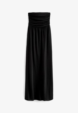 Czarna, bezramienna sukienka maxi z marszczonym bodicem, zwiewnym materiałem i długością do kostek. Gładka faktura i prosta sylwetka.