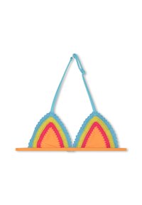 Top bikini triangolo all'uncinetto con brillanti colori dell'arcobaleno: rosa, giallo, verde e arancione. Presenta bordi scallopati e spalline regolabili.