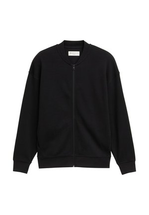 Schwarze Zip-Sweatshirtjacke aus strukturiertem Stoff, mit rundem Ausschnitt und langen Ärmeln mit gerippten Bündchen und Saum.