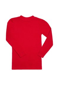 Camiseta de manga larga roja hecha de algodón. Cuello redondo, corte recto y puños ajustados. Textura suave sin patrones ni acentos.