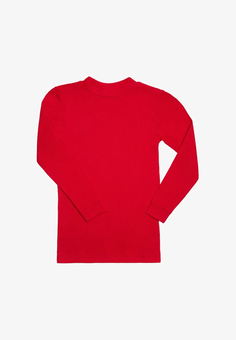 Camiseta de manga larga roja hecha de algodón. Cuello redondo, corte recto y puños ajustados. Textura suave sin patrones ni acentos.