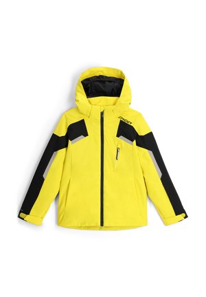 Giacca impermeabile gialla con accenti neri e grigi, chiusura con zip, cappuccio e tasca sul petto. Presenta un design resistente al vento e polsini regolabili.