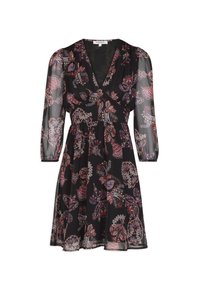 Sort kjole med lange, gennemsigtige ærmer, v-halsudskæring og knapper; har farverige paisley mønstre overalt; design med svajet nederdel.