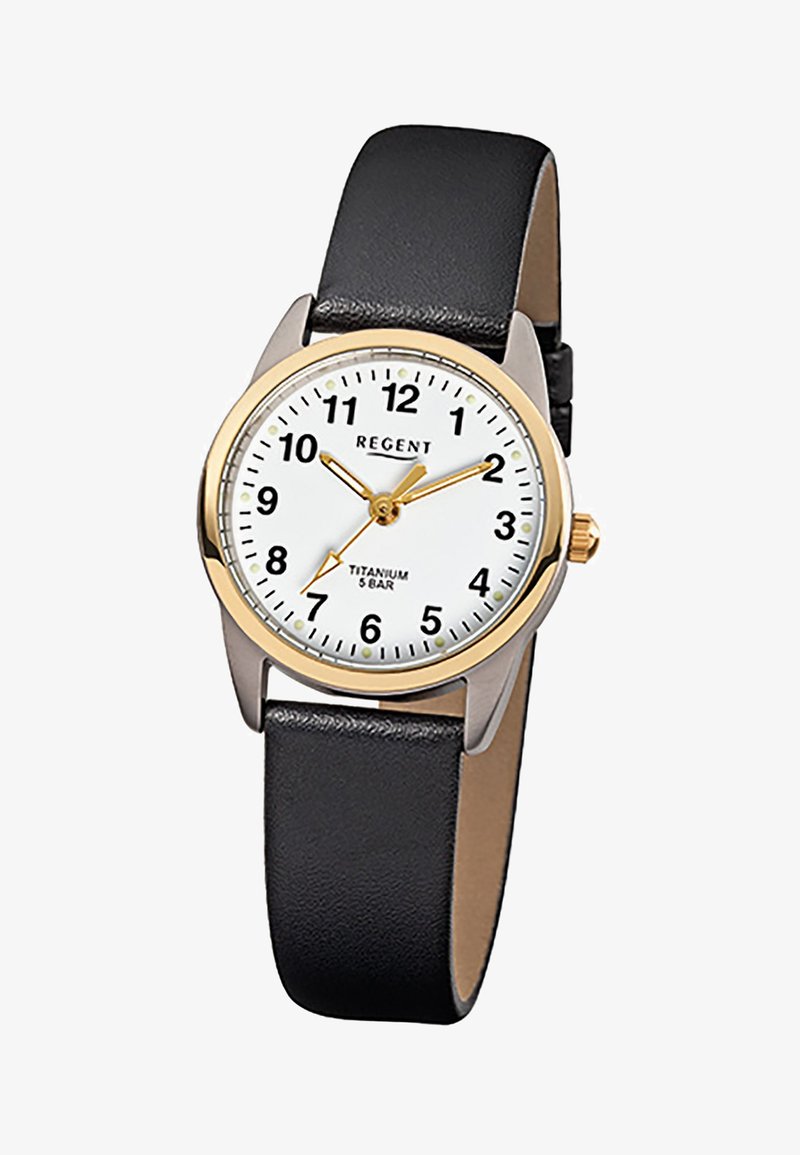 Montre analogique avec cadran blanc, lunette dorée, bracelet en cuir noir, chiffres noirs et aiguilles dorées indiquant 10 h 10.