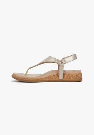 Metallic gold thong sandal with cork wedge sole, soft beige footbed, adjustable back strap, and textured upper for improved grip.