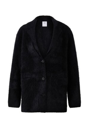 Black fuzzy cardigan made of textured material, featuring a shawl collar, two front pockets, and three buttons. Simple and loose-fitting design.