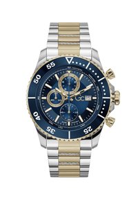 Orologio cronografo con quadrante blu navy, cassa in acciaio inossidabile tono oro e argento, lunetta tachimetrica e tre contatori sub-diali.