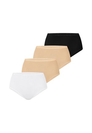Vier dames slips met hoge taille in zwart, beige en wit, gerangschikt in een verspringende rij op een witte achtergrond.