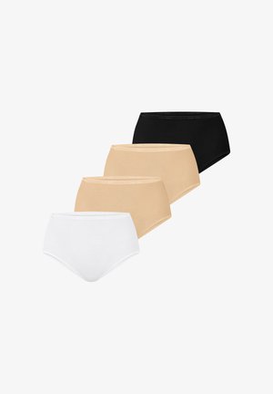 Fire højttaljede trusser til kvinder i sort, beige og hvid, arrangeret i en trinvis række på en hvid baggrund.