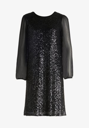 Sort knælængde kjole med shiny pailletter på overkroppen og gennemsigtige lange ærmer med elastiske manchetter.