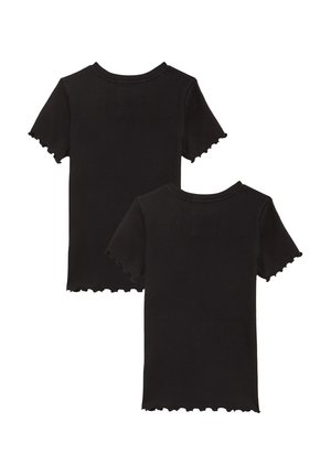 Zwei schwarze, gerippte Kurzarm-T-Shirts mit gewellten Säumen und Ärmeln, von hinten auf weißem Hintergrund gezeigt.