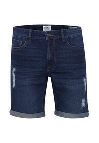 Tmavomodré riflové šortky s vyhrnutými lemami, s opranými miestami a klasickým dizajnom s piatimi vreckami. Zlatožlté prešívanie po celom povrchu.