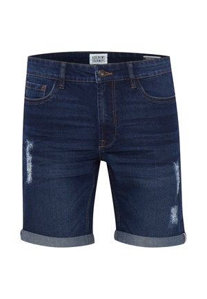 Temno modri denim kratke hlače z zavihanimi robovi, z vidnimi obrabljenimi predeli in klasičnim dizajnom s petimi žepi. Po celotnem oblačilu zlato šivanje za poudarek.