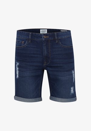 Temno modri denim kratke hlače z zavihanimi robovi, z vidnimi obrabljenimi predeli in klasičnim dizajnom s petimi žepi. Po celotnem oblačilu zlato šivanje za poudarek.