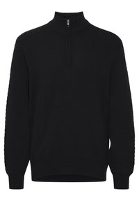 Schwarzer Strickpullover mit Viertelzip, strukturiertes Muster an Schultern und Ärmeln, gerippter Kragen, Bündchen und Saum.