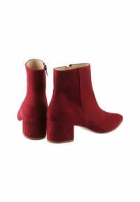 Stivaletti in suede rossi con tacco a blocco, punta rotonda e zip laterale. La texture liscia e il design semplice mettono in risalto un look moderno.