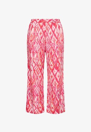 Leveälahkeiset housut, joissa on joustava vyötärönauha ja vaalealla kankaalla vaaleanpunainen ja oranssi abstrakti timanttikuvio.