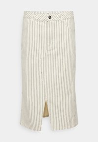 Jupe blanche jusqu'aux genoux avec fines rayures verticales noires, fermeture éclair à l'avant, bouton, passants pour ceinture et une fente à l'avant.