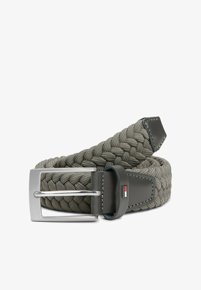 Gray braided belt featuring a silver metal buckle and black leather accents. Textured pattern throughout the belt adds dimension.