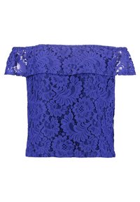 Off-shoulder topp i lila spets med blomstertryck, vågiga kanter och en avslappnad passform.