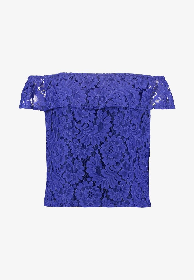 Off-shoulder topp i lila spets med blomstertryck, vågiga kanter och en avslappnad passform.