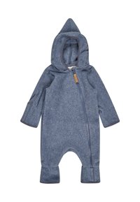 Blue toddler hooded fleece jumpsuit with long sleeves, front diagonal zipper, and covered feet openings.