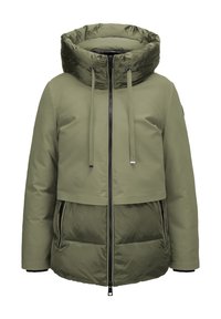 Olivenfarbene Pufferjacke mit großer Kapuze, Reißverschluss und zwei vorderen Taschen. Verfügt über einen strukturierten unteren Bereich und verstellbare Kordelzüge.