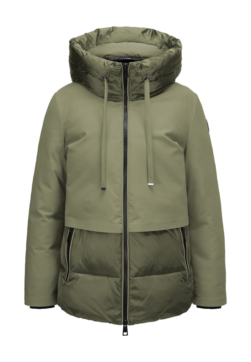 Olivenfarbene Pufferjacke mit großer Kapuze, Reißverschluss und zwei vorderen Taschen. Verfügt über einen strukturierten unteren Bereich und verstellbare Kordelzüge.