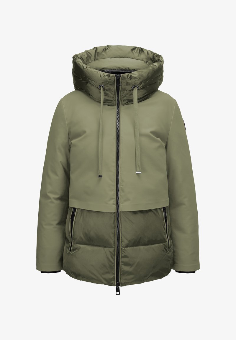 Olivenfarbene Pufferjacke mit großer Kapuze, Reißverschluss und zwei vorderen Taschen. Verfügt über einen strukturierten unteren Bereich und verstellbare Kordelzüge.