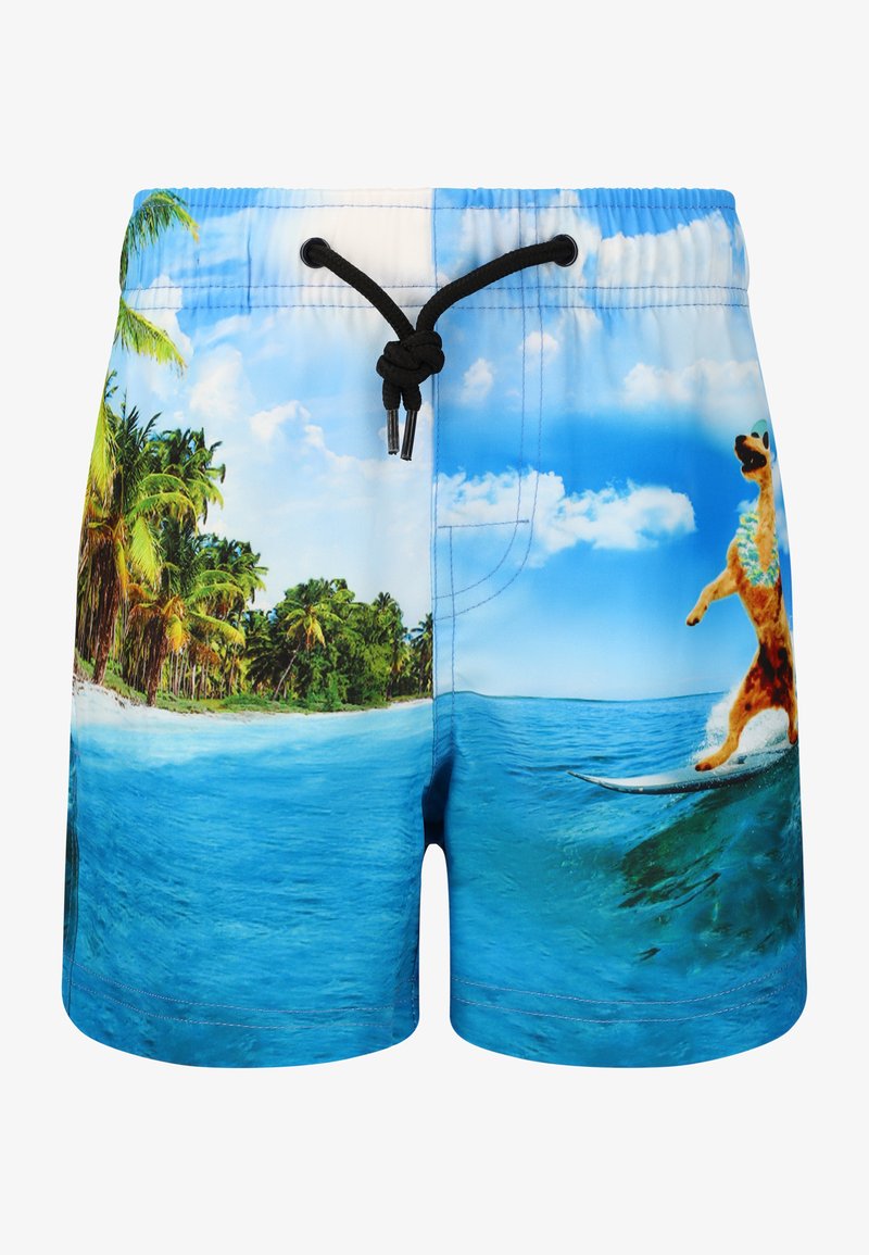 Badeshorts in lebhaftem Blau, mit einer Strandszene, die Palmen und einen surfen Hund zeigt. Hergestellt aus leichtem Material, mit einem schwarzen Kordelzug.