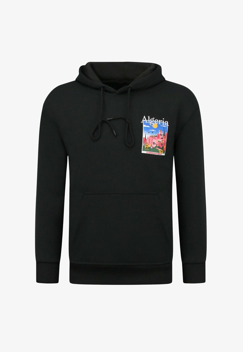 Zwarte hoodie met een voorsluiting en een kleurrijk Algerije-patch op de borst met gebouwen, kamelen en een heldere zon.
