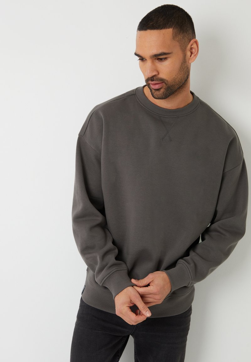 Grå sweatshirt med lange ærmer, rund halsudskæring og ribbede manchetter. Glat materiale, afslappet pasform og minimal detaljer.