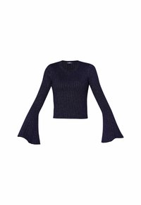 Pull court en maille côtelée bleu marine avec manches longues évasées et col rond.