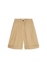 Pantaloni corti beige a vita alta, sartoriali, con orli arrotolati, passanti per cintura, chiusura con bottone e delicate pieghe frontali.