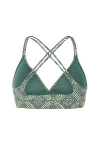 Zielony biustonosz bikini z krzyżowym zapięciem na plecach. Materiał posiada wzorzysty pas oraz gładkie miseczki w jednolitym kolorze, oferując połączenie tekstur i kolorów.