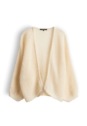 Cardigan en tricot épais couleur crème avec devant ouvert, manches longues ballon et tissu doux et texturé.