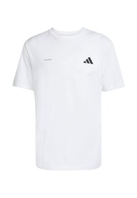 Hvid bomulds t-shirt med et sort Adidas-logo og teksten "Fra logoet" trykt foran, korte ærmer og en crew neck-design.