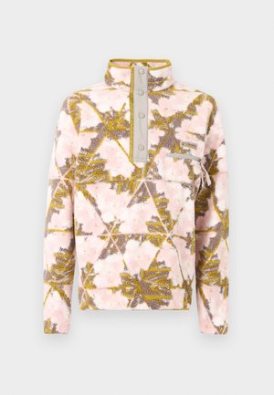 Ροζ και ελιά φλις μπλούζα με σχέδιο, με πατιλέτα με κουμπιά και τσέπη στο στήθος με φερμουάρ, που διαθέτει αφηρημένο σχέδιο φύλλου.